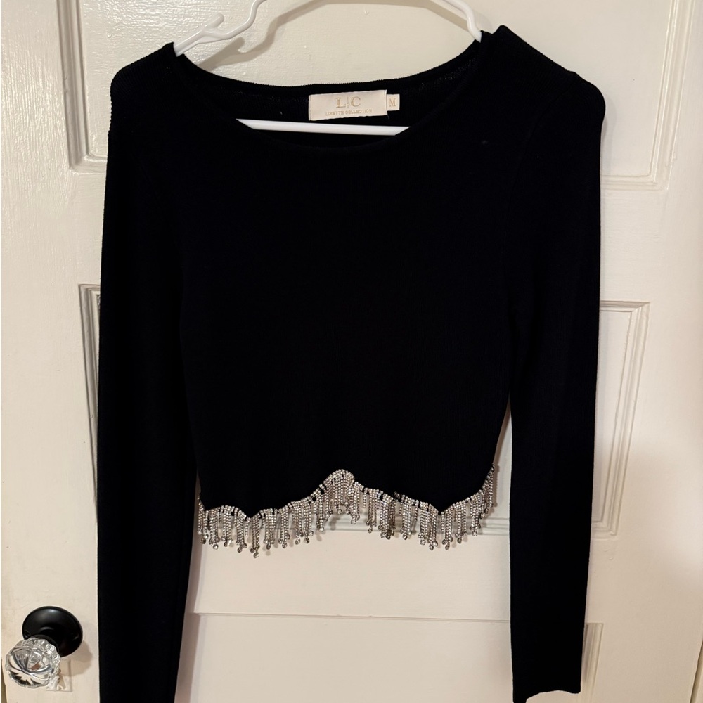 Black Shimmer Fringe Hem Crop Top